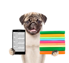 Funny dog holding stack books and smartphone. isolated on white background