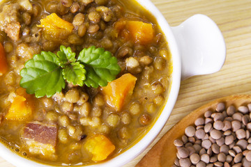 Lentil casserole on wooden table