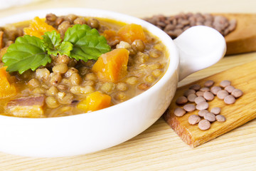 Lentil casserole on wooden table