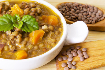 Lentil casserole on wooden table