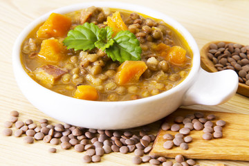 Lentil casserole on wooden table
