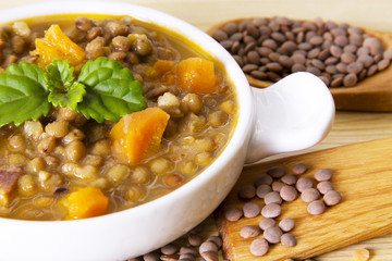 Lentil casserole on wooden table