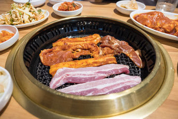 Korean BBQ Raw Beef, pork on the wooden table