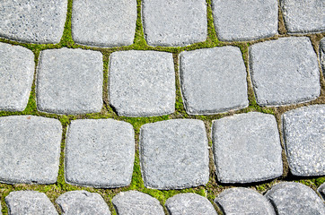 Old pavement of gray stone with moss