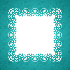 Square lace frame with a place for text. Background for wedding invitation, greeting card. Vector Illustration