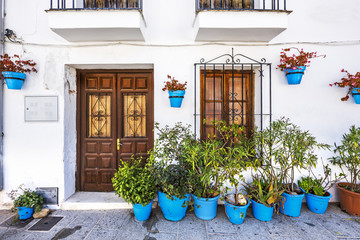 Facade of house with flowers in blue pots in Mijas