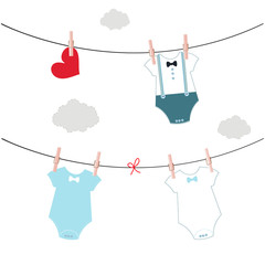 Hanging baby body. Baby shower invitation. Bow tie and baby body boy symbol greeting card