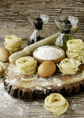 A set of products for cooking pasta with wheat flour, a selective focus