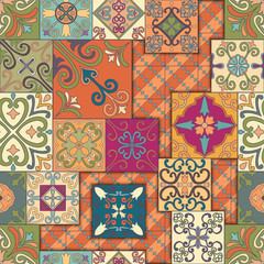 Seamless pattern with portuguese tiles in talavera style. Azulejo, moroccan, mexican ornaments.