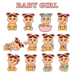 Baby girl set vector illustration. Cute girls in various poses and emotions in flat style.