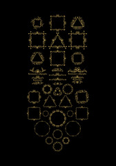 Vintage frame elements, golden on black, vector illustration for decoration and framing, ornate scroll elements in renaissance calligraphic style, romantic and elegant swirls