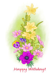 Composition with summer flowers: poppy, daffodil, anemone, viole