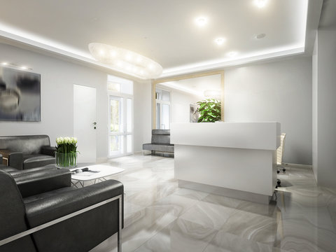 Gray White Urban Contemporary Modern Minimalism High-tech Reception Waiting Room in Office Interior Design. 3d rendering