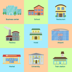 Flat style vector illustration icons set of colorful public buildings.