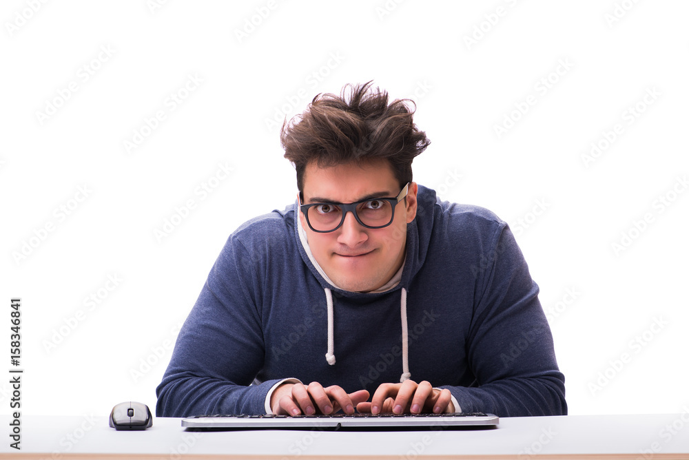 Aufkleber funny nerd man working on computer isolated on white