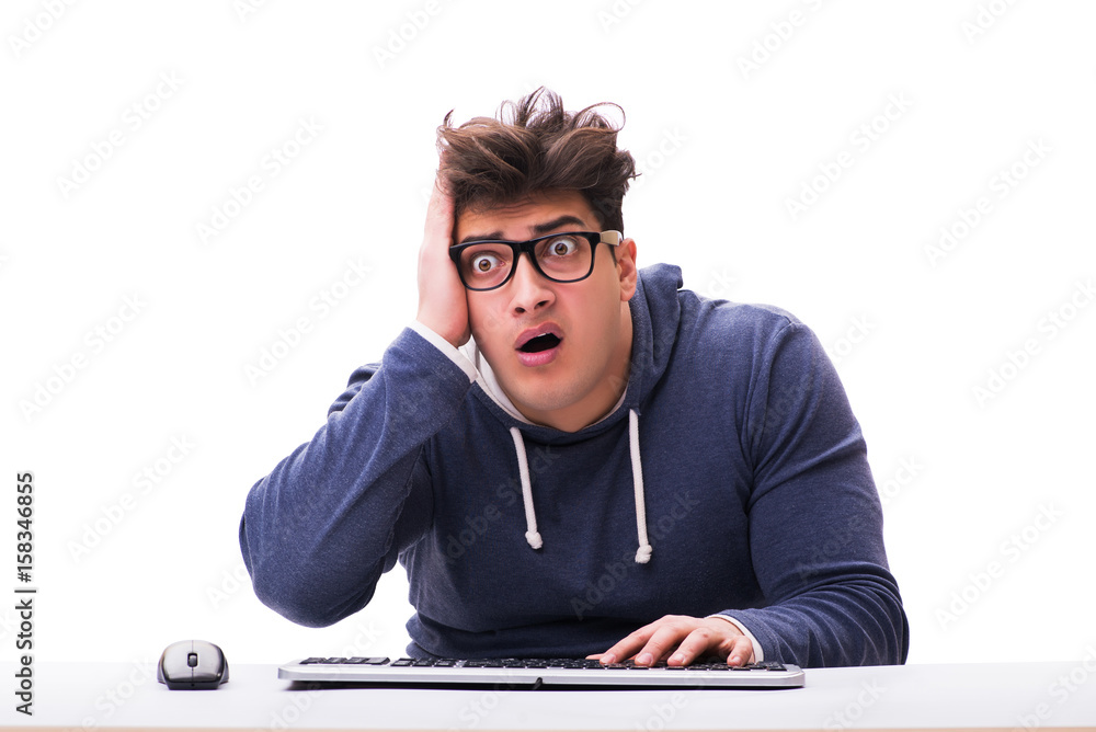 Aufkleber funny nerd man working on computer isolated on white