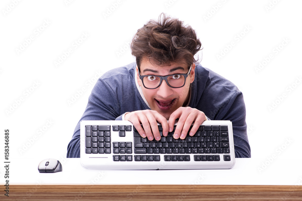 Aufkleber funny nerd man working on computer isolated on white