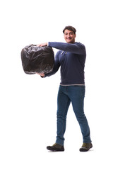 Fototapeta premium Man with garbage sack isolated on white