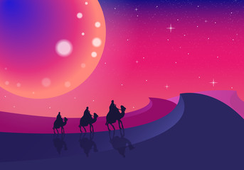 Fototapeta na wymiar Three camel travelers in the desert