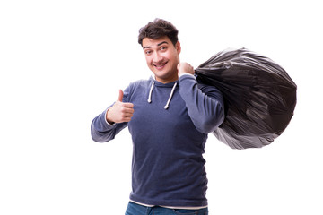 Man with garbage sack isolated on white