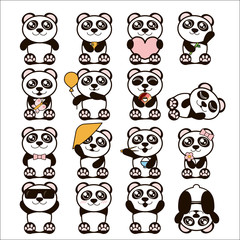 Vector illustration set of cute pandas. Happy panda stickers in flat style.