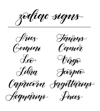 Set of handwritten zodiac sign names. Modern elegant lettering of cursive and capital font. Black letters and white background. For magazines, graphic design vector isolated image.