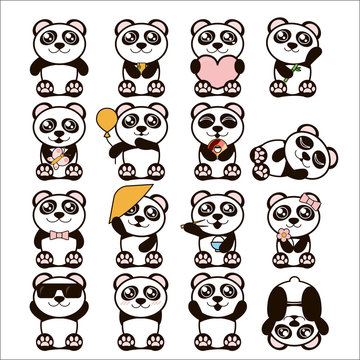 Vector illustration set of cute pandas. Happy panda stickers in flat style.