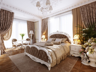 Luxury Classic Modern Bedroom Interior Design with Beige Walls Silver Fixtures Accessories White Silver Furniture Baroque Stucco Fretwork Decorations on Ceiling and Walls. 3d rendering - 158347614