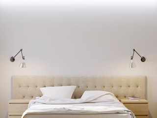 Mock up white wall for poster bedroom interior design. Scandinavian style interior. 3d rendering