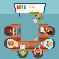 Vector top view illustration in flat style of people sitting and working with laptops and documents, watching presentation on screen.