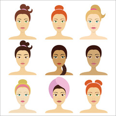 Cosmetic facial mask on different girls vector illustration.