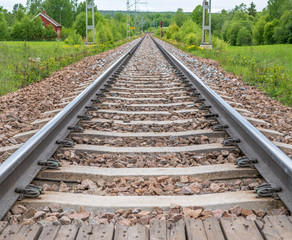 Fototapeta premium Railroad and railway tracks heading in forest in Sweden