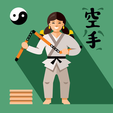 Vector Karate Fighter with weapon. Flat style colorful Cartoon illustration.