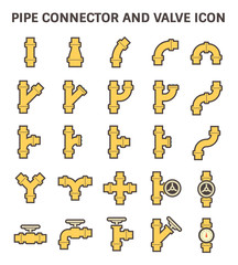 Pipe icon and flange fitting. Include control valve and pressure gauge or manometer. For pipeline construction and transportation liquid or gas i.e. crude, oil, natural gas, sewage, wastewater etc. 