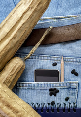 Modern phone in old blue jeans pocket.