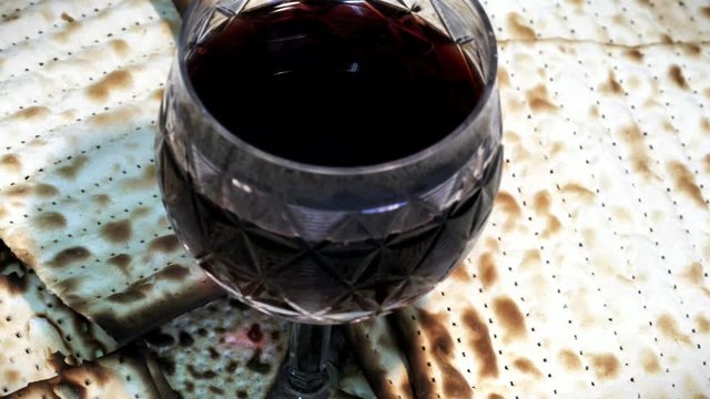 Passover Wine and Matzoh, Jewish Passover Bread. Macro View From Above