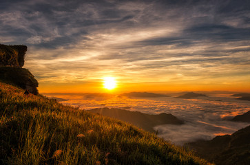 Landscape of sunrise morning  with fog on Phu chee Fa in Chiang Rai, Thailand.