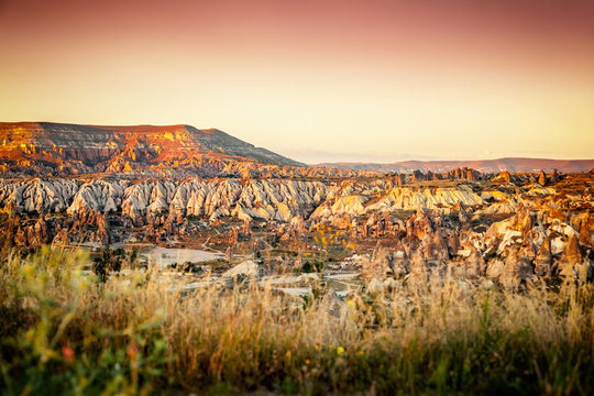 Beautiful mountain landscape, canyons in Cappadocia at sunset