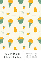Summer festival pattern flyer template. Cartoon pattern made of ice cream and fruits