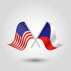 vector two crossed american and czech flags on silver sticks - symbol united states of america and czech republic