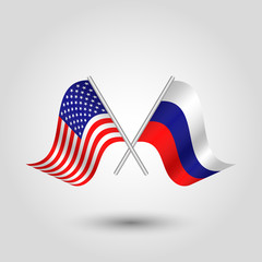 vector two crossed american and russian flags on silver sticks - symbol united states of america and russia