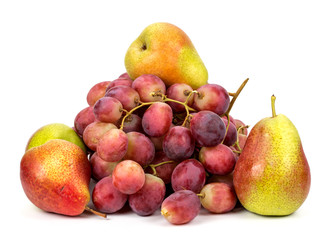 Grapes and pears on a white background