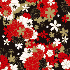 Japanese classic floral seamless pattern, traditional kimono fabric, asian festive design with spring flowers in blossom, vector illustration, red, black, white, golden elements, oriental background