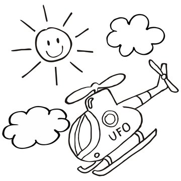 Helicopter and sun, vector icon, coloring page for children