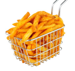 French fries in a small wire frying basket isolated on a white background