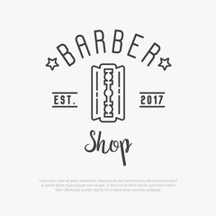 Hipster logo for barber shop with blade. Minimalistic thin line vector illustration.