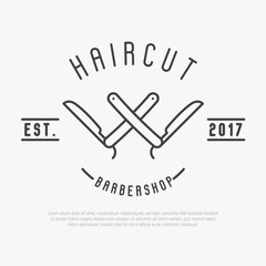 Hipster logo for barber shop with cut throat razor. Minimalistic thin line vector illustration.