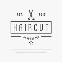 Hipster logo for barber shop with scissors. Minimalistic thin line vector illustration.