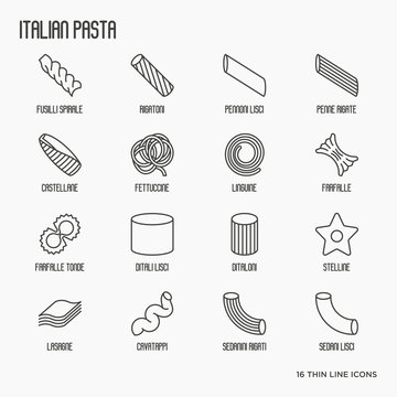 Different types of Italian pasta for menu of restaurant or cafe. Thin line vector illustration.