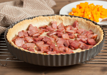 Cooking Process Of Quiche Lorraine With Red Leicester Cheese. Traditional British Food.